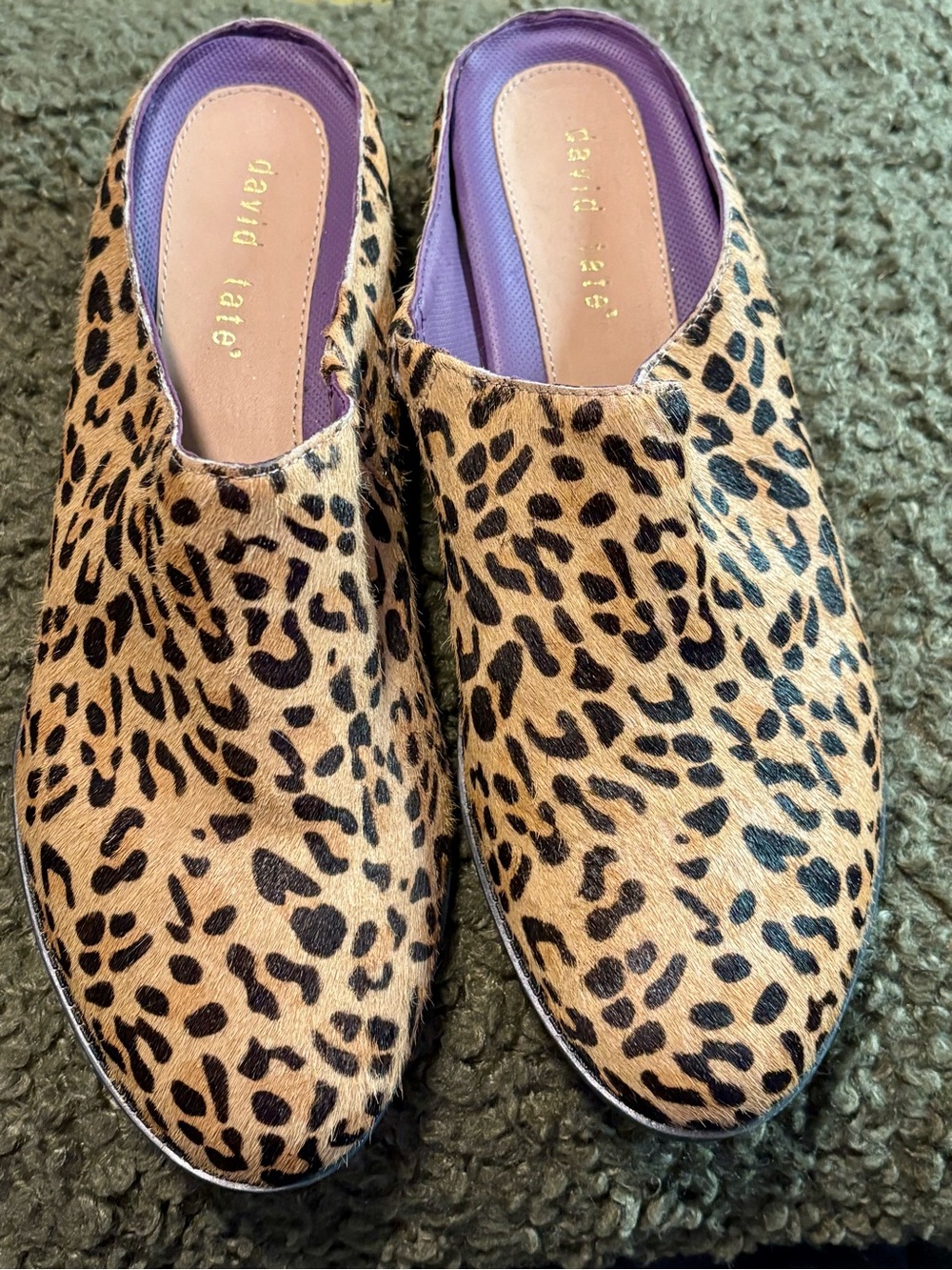 David Tate Leopard-Print Slip-On Mules in Tan and Black NWOT